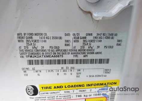 2021 Ford Expedition Limited Max z USA, uszkodzony, nr VIN 1FMJK2ATXMEA60875